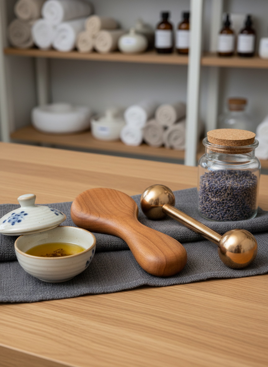 A smooth, ergonomic wooden massage tool and a pair of polished Kansa wands resting on a neatly folded, charcoal-colored towel placed on a light oak countertop. Nearby, there is a small, lidded ceramic bowl of herbal-infused oil and a glass jar filled with dried lavender buds. The background shows a softly blurred shelving unit with neatly organized linens and labeled containers. Cool, even daylight streams from a side window, creating balanced, shadow-free lighting that highlights textures and natural materials. Captured at a slight three-quarter angle in photographic realism, the mood is professional, precise, and gently soothing, ideal for illustrating specialized therapeutic massage tools.