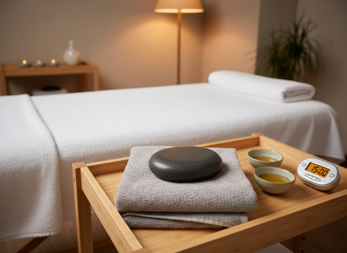 A close-up of a smooth basalt hot stone resting on a neatly folded, pale grey cotton towel atop a wooden spa trolley, surrounded by small bowls of massage oil and a timer. The trolley stands beside an empty massage table draped in crisp white linens in a softly lit treatment room. Warm, indirect lighting from a shaded floor lamp creates a gentle, golden glow, highlighting the stone’s soft sheen and the natural grain of the wood. Captured from a slightly elevated angle in photographic realism, the overall mood is serene, professional, and organized, emphasizing therapeutic massage practice without any human presence.
