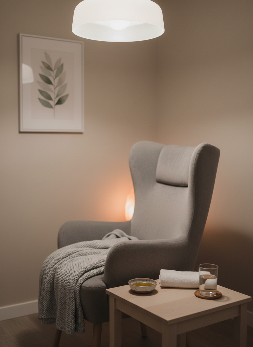 A tranquil Indie Head Massage setup featuring a supportive, high-backed cushioned chair draped with a soft, dove-grey throw, positioned in front of a simple wooden side table. On the table sit a small ceramic dish with warmed oil, a folded hand towel, and a glass of water on a cork coaster. The background reveals a neutral-toned wall with a single, minimal botanical print and a faintly visible salt lamp casting a low, amber glow. Overhead, soft, diffused lighting gently illuminates the scene, with subtle shadows adding depth. Photographed at eye level in clean, photographic realism, the composition feels intimate, calm, and thoroughly professional.