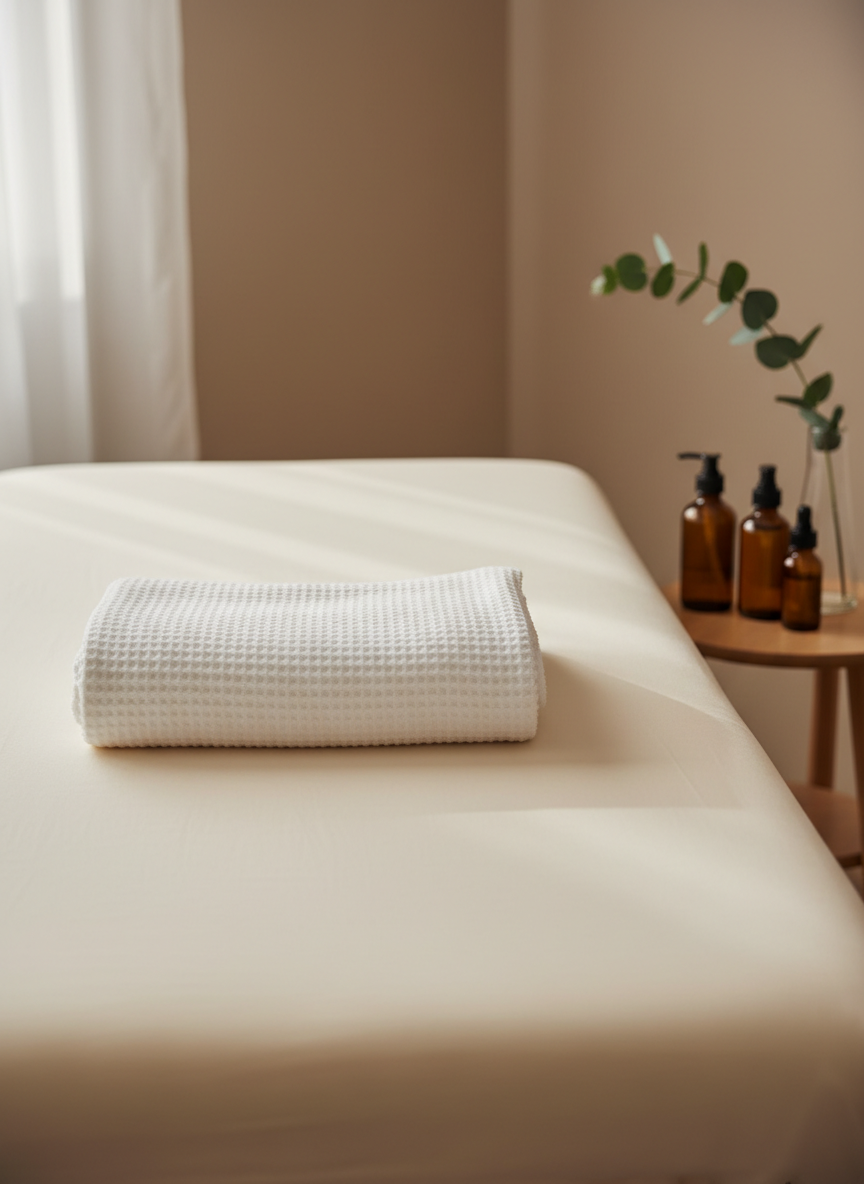 A neatly folded plush white massage table blanket with a subtle waffle texture, resting on a wide, uncluttered massage table covered in a smooth, cream-colored sheet. A small wooden side shelf nearby holds neatly arranged amber glass bottles of massage oil and a single sprig of eucalyptus in a slim vase. Soft, diffused daylight washes in from an unseen window, creating gentle highlights on the clean surfaces and casting very soft shadows. Shot at eye level in photographic realism with a shallow depth of field, the background fades into a warm blur of neutral walls, evoking a calm, professional, and welcoming massage therapy clinic atmosphere.