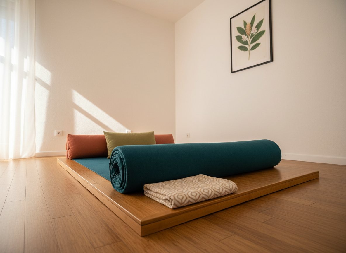 A rolled, deep teal Thai yoga mat resting on a low, natural bamboo platform in a minimalist treatment space designed for Thai Yoga Massage. Around it lie two firm, rectangular bolsters in muted earth tones and a neatly folded cotton blanket with a subtle geometric pattern. The walls are a soft, warm white with a single framed botanical print in the background. Gentle afternoon light filters through unseen sheer curtains, producing diffused illumination with delicate shadows. Photographed from a low angle with a wide lens, the composition emphasizes openness and groundedness, creating a peaceful, professional environment in clean, photographic realism.