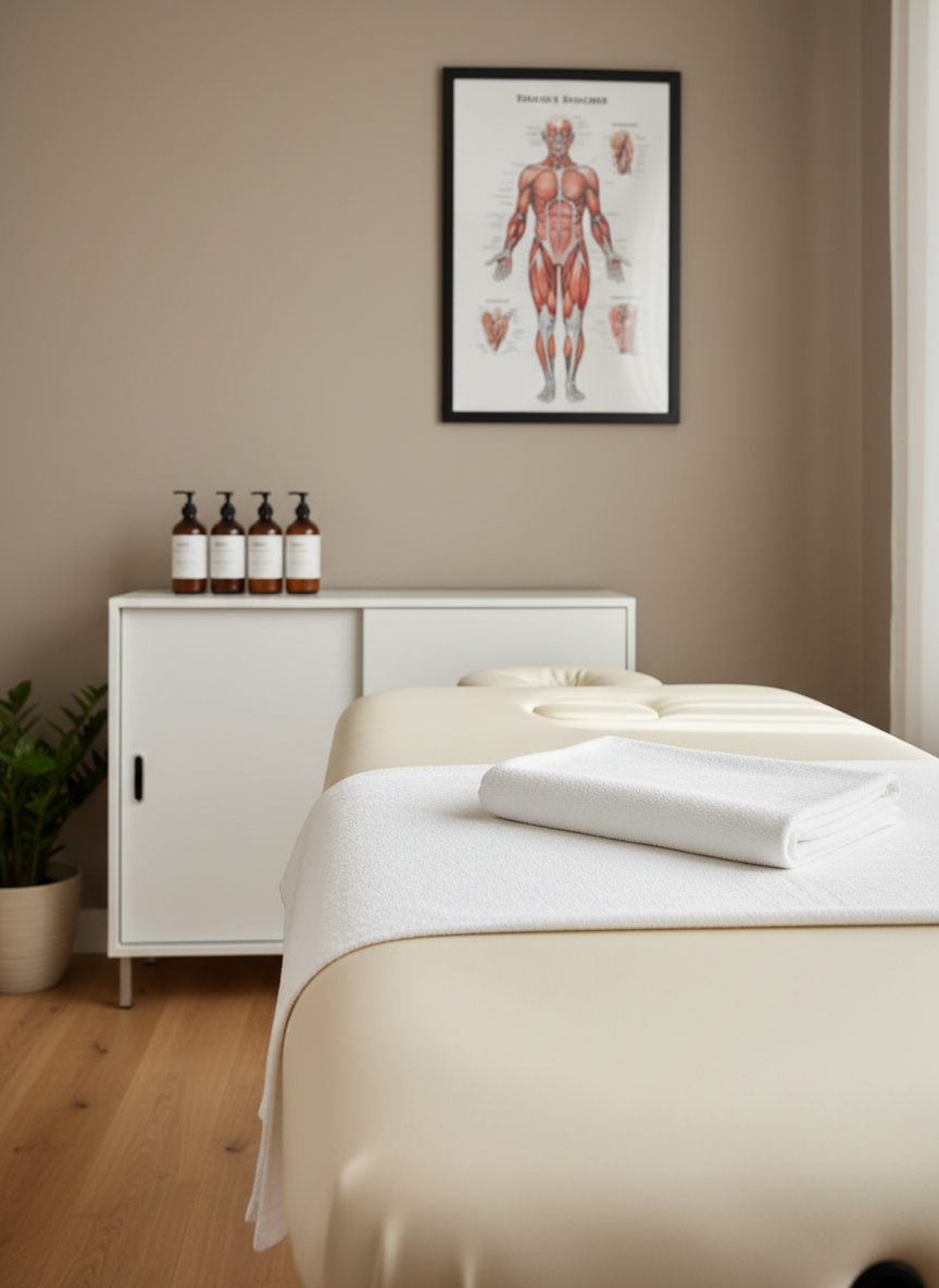 A neatly folded, soft white massage sheet draped over a wide, padded treatment table in a modern clinic room, the vinyl surface subtly textured and spotless. The table is centered beneath a framed anatomical chart of the muscular system on a pale, warm-gray wall, with a neatly arranged row of amber glass lotion bottles on a minimalist white cabinet in the background. Soft, diffused daylight enters from an unseen window, creating gentle highlights on the table edges and a calm, inviting glow. Photographic realism, shot at eye level with a slight angle toward the table, moderate depth of field so the table is in crisp focus while the background softly blurs, conveying professional, clinical serenity suitable for a registered massage therapy setting.