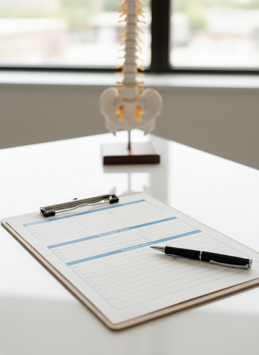 A detailed close-up of a professional massage therapy chart on a clipboard resting on a smooth, white desk surface in a clinical office. The chart shows neatly printed sections for assessment, treatment plan, and progress notes, with a fine-point pen placed diagonally across the lower corner. In the background, softly blurred, a model of the human spine stands on a small pedestal near a window, hinting at the chiropractic setting. Soft, indirect daylight from the right illuminates the paper fibers and metallic clip, creating subtle shadows and a sense of depth. Photographic realism, shot from a slightly elevated, three-quarter angle with a shallow depth of field, evoking a meticulous, evidence-based, and professional approach to registered massage therapy documentation.