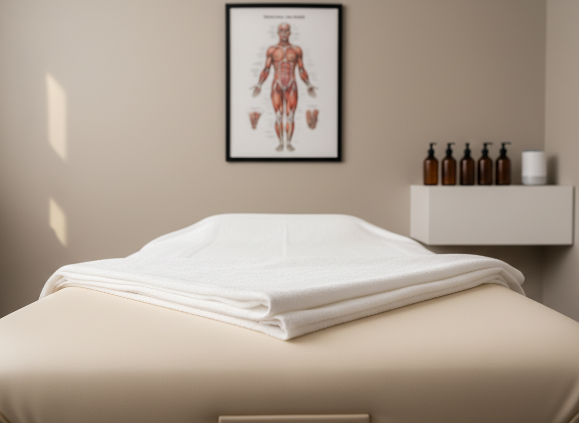 A neatly folded, soft white massage sheet draped over a wide, padded treatment table in a modern clinic room, the vinyl surface subtly textured and spotless. The table is centered beneath a framed anatomical chart of the muscular system on a pale, warm-gray wall, with a neatly arranged row of amber glass lotion bottles on a minimalist white cabinet in the background. Soft, diffused daylight enters from an unseen window, creating gentle highlights on the table edges and a calm, inviting glow. Photographic realism, shot at eye level with a slight angle toward the table, moderate depth of field so the table is in crisp focus while the background softly blurs, conveying professional, clinical serenity suitable for a registered massage therapy setting.