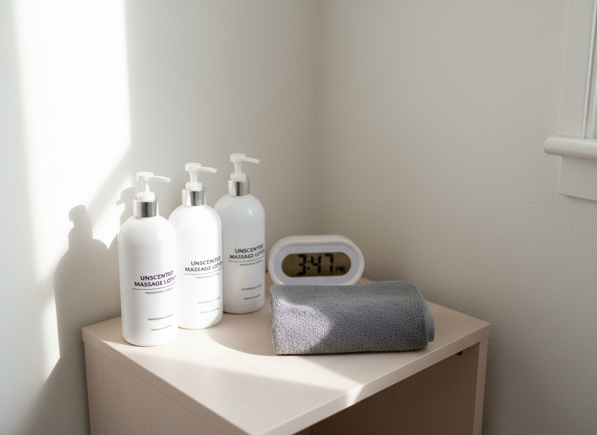 A close-up view of a clean, white massage therapy room corner featuring a small, light-wood side table holding neatly lined up pump bottles of unscented massage lotion, each labeled clearly and professionally. Beside them rests a folded, slate-gray hand towel and a discreet digital clock with soft backlighting. The wall behind is painted a soft off-white with a subtle texture, creating a sense of warmth without distraction. Natural afternoon light filters in from the left, casting delicate, elongated shadows and highlighting the gentle sheen of the lotion bottles. Photographic realism, captured from a slightly elevated angle with shallow depth of field, keeping the products sharply defined while the background gently fades, evoking cleanliness, organization, and trustworthiness in a healthcare environment.