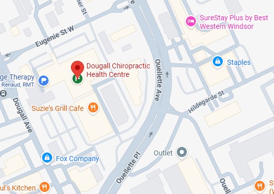 Google Maps showing the location of Dougall Chiropractic Health Centre at 215 Eugenie St W #140, Windsor, ON N8X 2X7